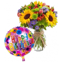 6 sunflowers with seasonal flowers in vase with balloon to philippines
