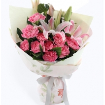 12 Pink Carnations with 1 Stem Lilies in Bouquet