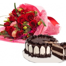12 Red Roses & seasonal flower with Tiramisu Cake