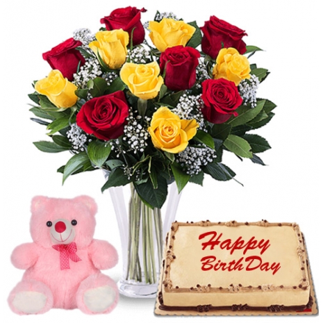 Birthday Roses with dedication cake and teddy bear to manila