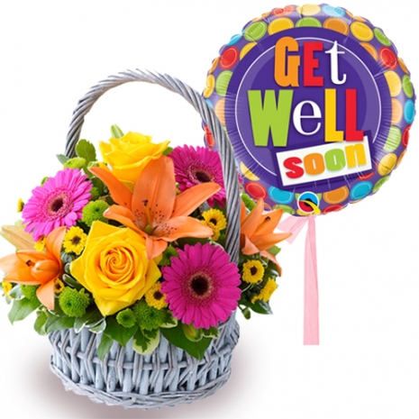 Get well soon flowers basket with mylar balloon to Philippines