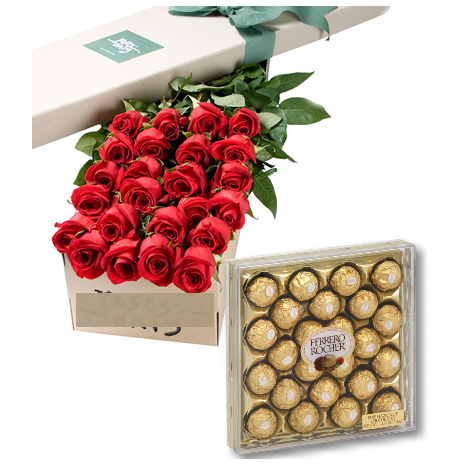 24 Red Roses Box with 24pcs Ferrero Chocolate Send to Manila Philippines