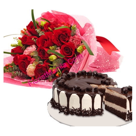 12 Red Roses & seasonal flower with Tiramisu Cake